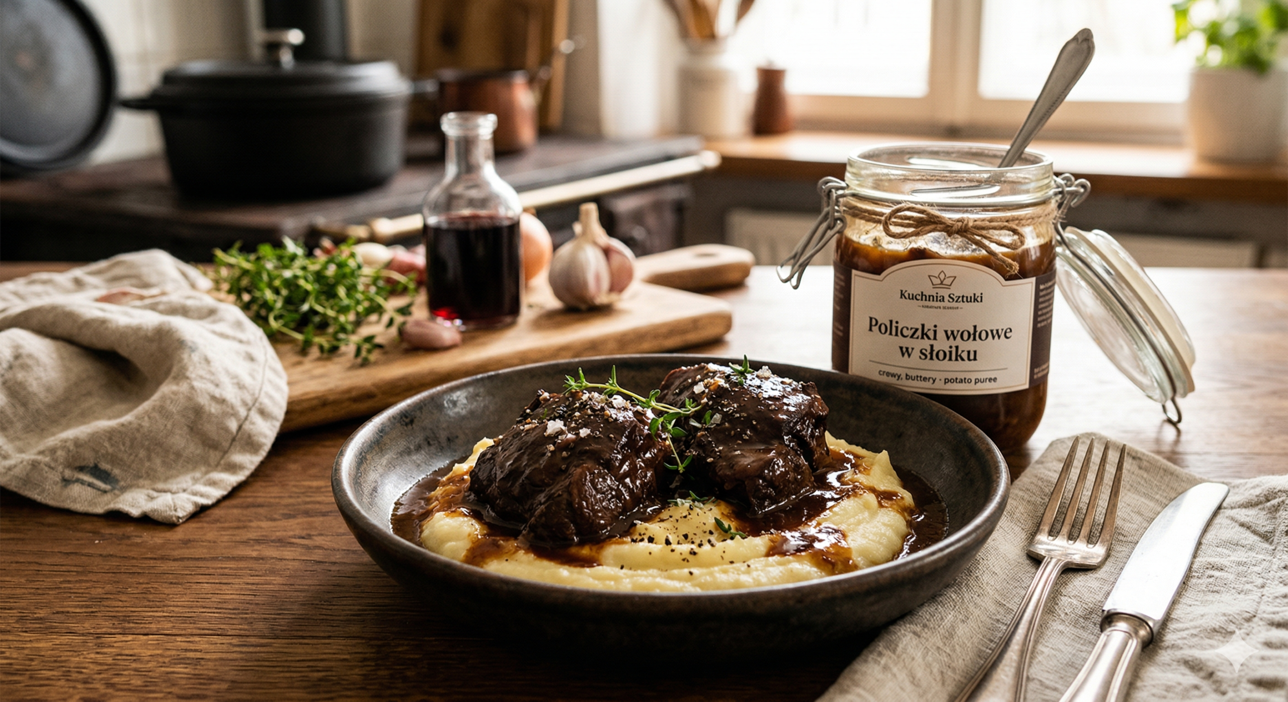Rzemieślnicze policzki wołowe w słoiku Kuchnia Sztuki podane z puree ziemniaczanym i świeżym tymiankiem – danie premium slow food